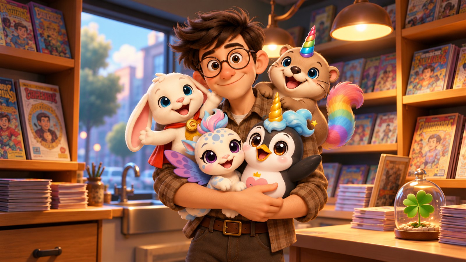 A child sharing a happy moment with TeeMates friends in a comic shop